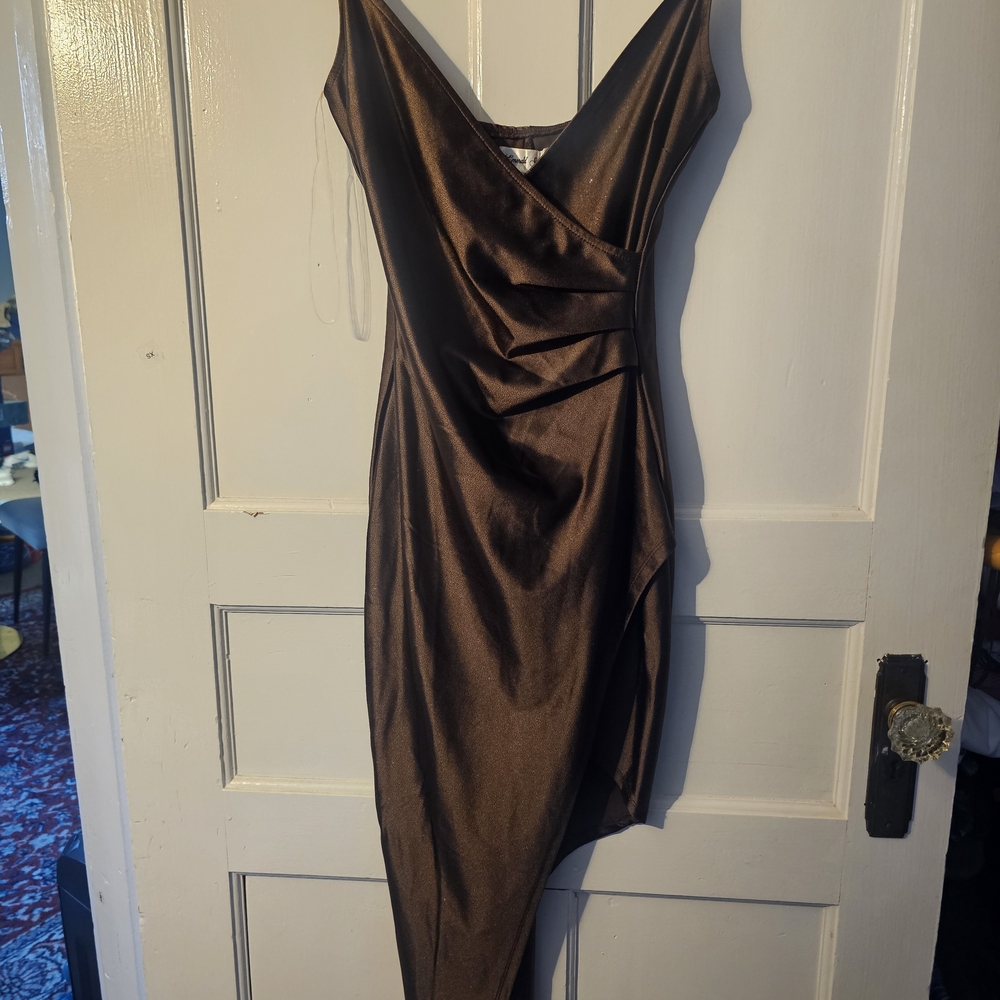 Emerald Sundae Brown Ruched Asymmetrical Cocktail Dress